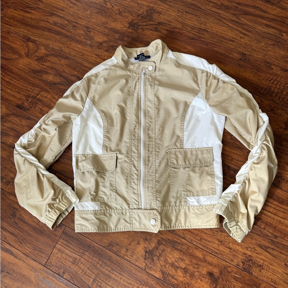 Boston Proper Tan and White Moto Style Windbreaker Bomber Jacket | Size Medium